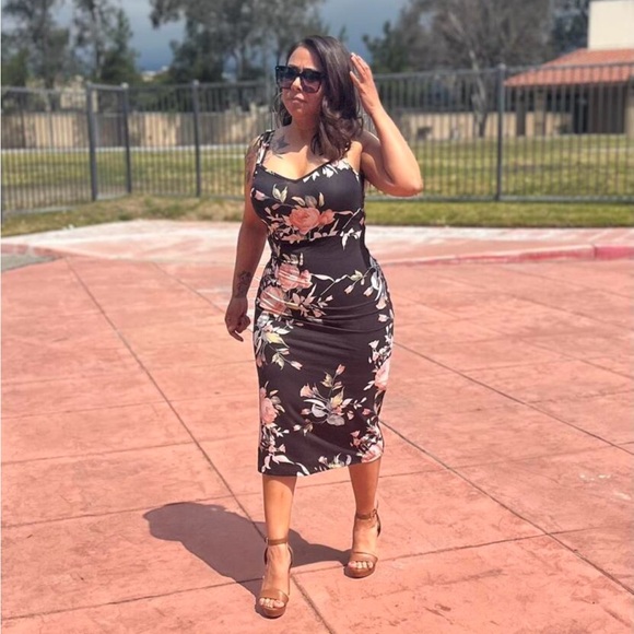 Black Floral Pencil Midi Dress Slim Sheath - Picture 10 of 15